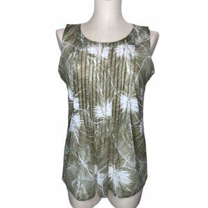 Liz Claiborne Top Shirt Womens M Sleevless Blouse Green White Pleated Front
